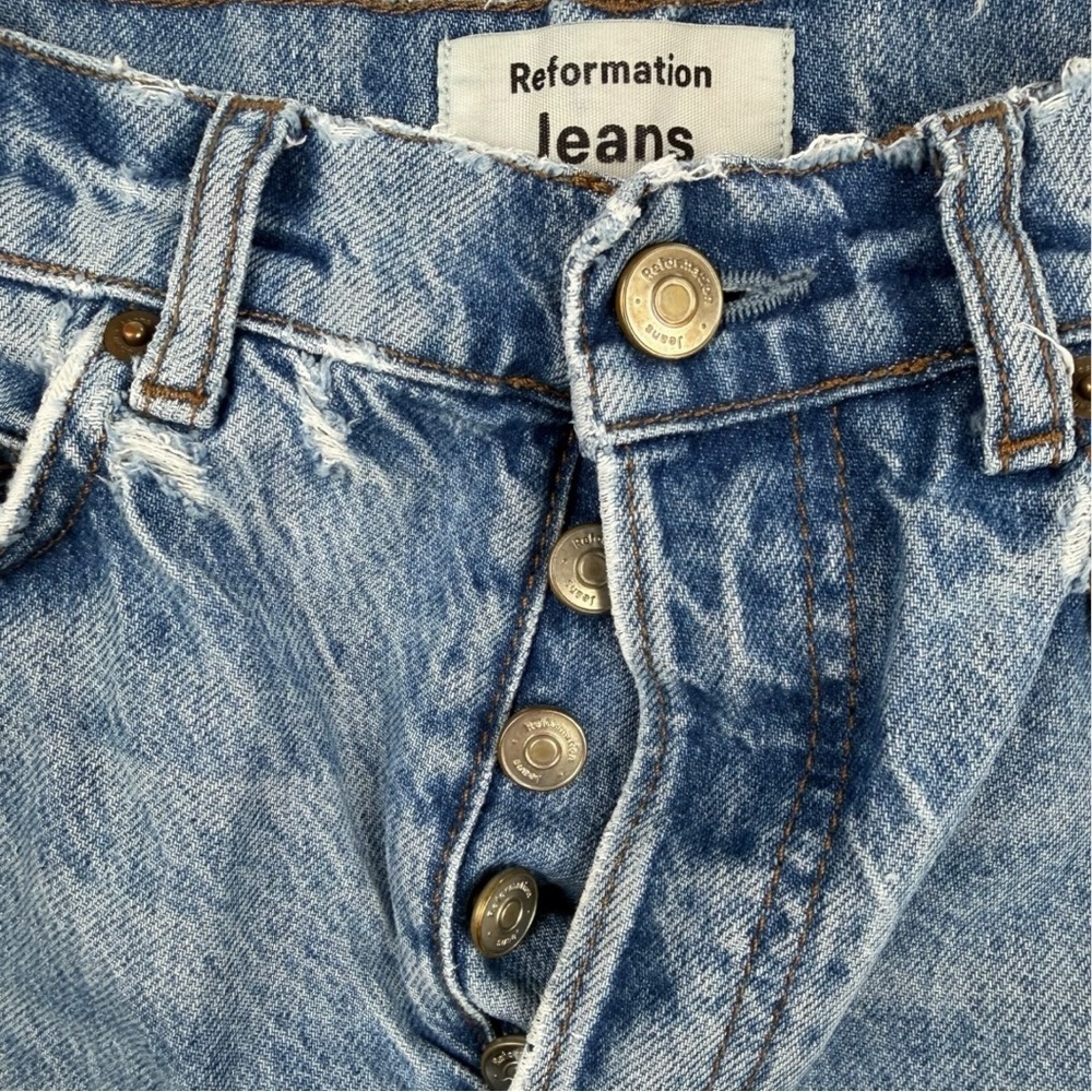 Reformation Perfectly Distressed Cynthia High-Rise Straight Jeans In Blue Sz 23 - Picture 5 of 12